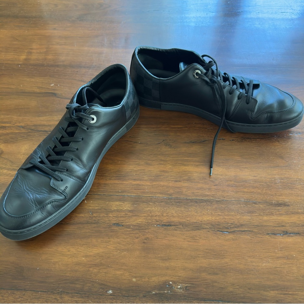 Louis Vuitton Line Up Damier Sneakers Mens Black Leather Shoes Size 10.5 US 11.5 - Picture 4 of 6